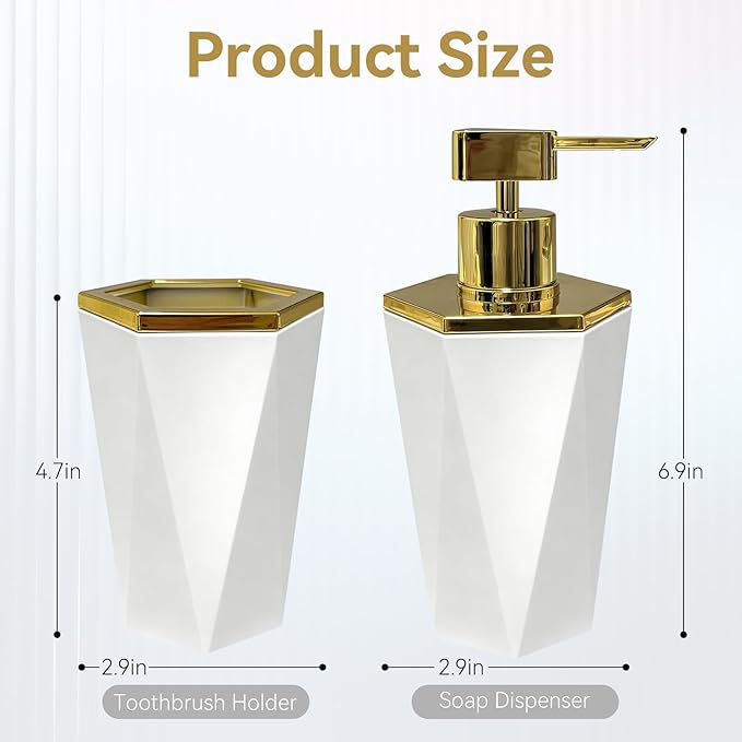 2 PCS White and Gold Bathroom Accessories Set, Bathroom Accessories Include Soap Dispenser and Toothbrush Holder, Morden Bathroom Décor, Bathroom Sets Accessories