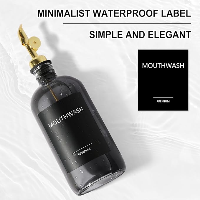 Mouthwash Dispenser for Bathroom, Glass Mouthwash Dispenser with Cup, Mouth Wash Container Bottle with Cup, Refillable Mouthwash Decanter, Clear Black, 1 Pack, 17oz