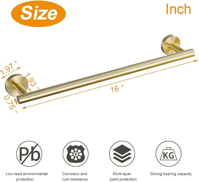 TocTen Bath Towel Bar - Thicken SUS304 Stainless Steel Bathroom Towel Holder, Towel Rod for Bathroom Heavy Duty Wall Mounted Towel Rack Hanger (16IN, Gold)
