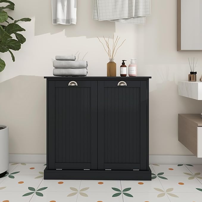 Locsear Tilt Out Laundry Hamper Cabinet with Removable Basket, Double Hidden Laundry Hamper Cabinet, Wood Bathroom Storage Cabinet, Free Standing Home Organizer, (Black)
