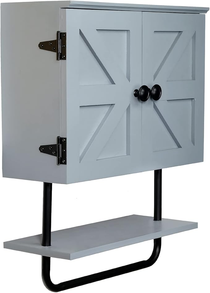 EXCELLO GLOBAL PRODUCTS 17x21” Barndoor Bathroom Wall Cabinet, Space Saver Storage Cabinet Kitchen Medicine Cabinet with Adjustable Shelf and Towel Bar, Rustic Gray