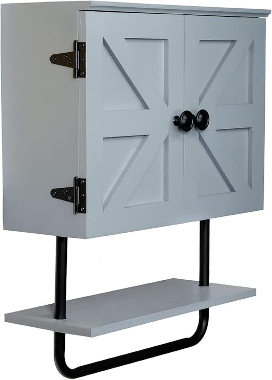 EXCELLO GLOBAL PRODUCTS 17x21” Barndoor Bathroom Wall Cabinet, Space Saver Storage Cabinet Kitchen Medicine Cabinet with Adjustable Shelf and Towel Bar, Rustic Gray