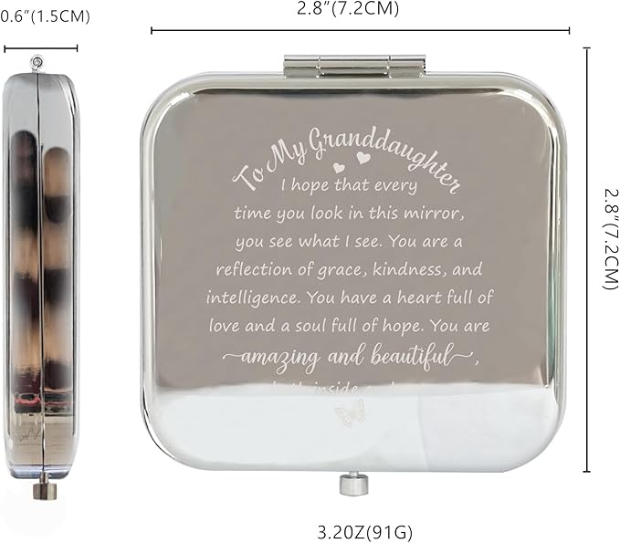 to My Granddaughter - You're Amazing and Beautiful - Pocket Mirror, Granddaughter Engraved Compact Mirror, Family First Mirror Encouragement Gifts from Grandparents Silvery