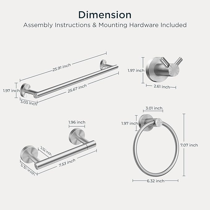 FORIOUS Bathroom Hardware Accessories Set, SUS304 Stainless Steel Towel Bar Set, Modern Towel Racks Holder for Bathroom, Toilet Paper Holder Wall Mounted 4 Pieces(24" Bar, Brushed Nickel)