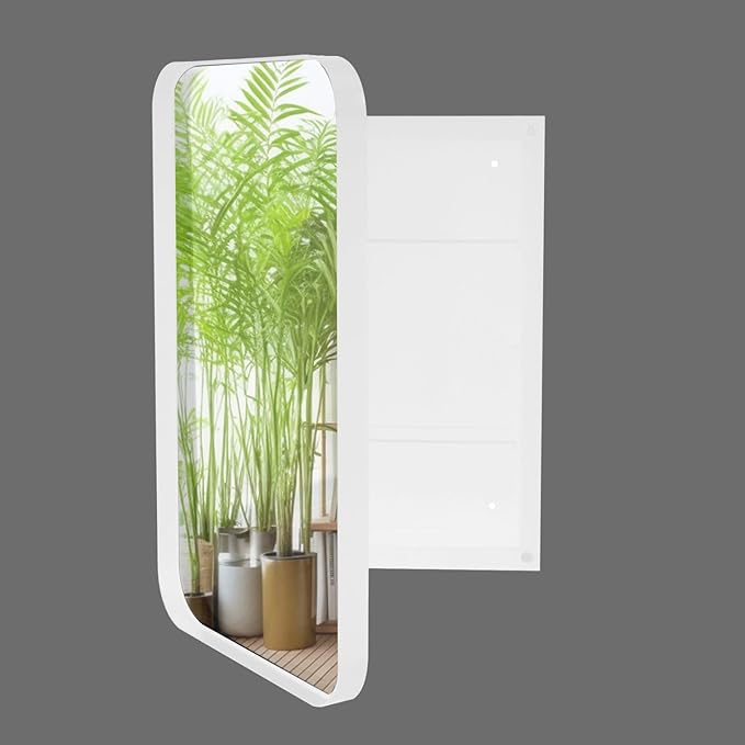 16 x 24 Inch Rounded Rectangle Medicine Cabinet with Mirror and Black Metal Frame for Bathroom, Recessed or Surface Wall Mount Cabinet with 2 Adjustable Glass Shelves, White