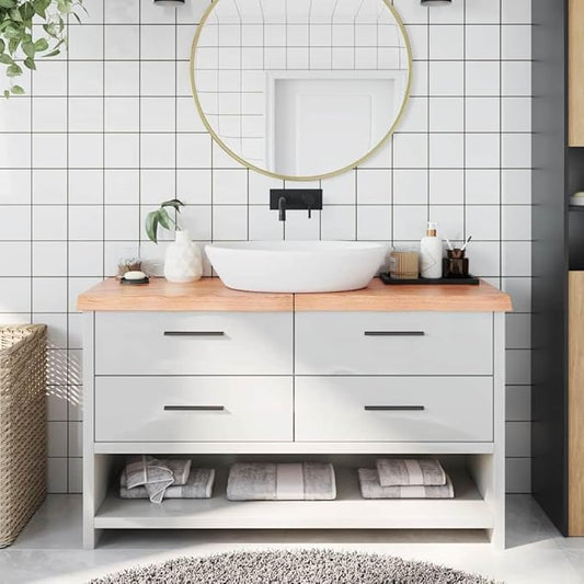 Light Brown Solid Oak Wood Bathroom Countertop 55.1"x23.6"x(0.8"-2.4") with Varnished Surface and Live Edge for Vanity Desk Table Shelf Handmade Treated Wood Worktop