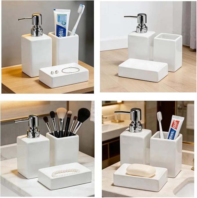 White Bathroom Accessory Set 3 Pcs,Ceramic Soap Dispenser and Toothbrush Holder Cup Soap Dish,Modern Countertop Bath Decor Set for Stylish Bathroom Organization
