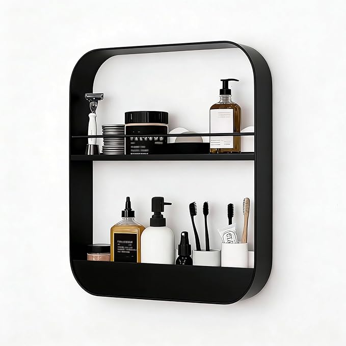 Wall Mount Organizer Floating Bathroom Shelves No Drill Adhesive Makeup Storage Rack Hang Decorative Over The Toilet Shelf(Black,30x40cm)