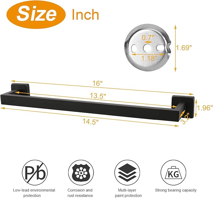 TocTen Bath Towel Rack - Square Base Thicken SUS304 Stainless Steel Towel Bar for Bathroom, Bathroom Accessories Towel Rod Heavy Duty Wall Mounted Towel Holder. (Black, 16)