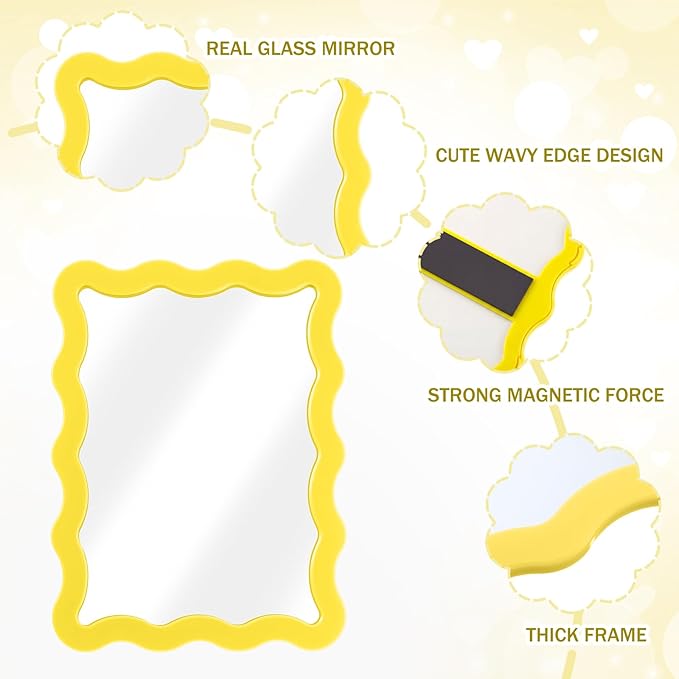 Leinuosen 1 Pcs Scalloped Magnetic Locker Mirror Small Real Glass Makeup Mirror with Magnetic Backing Cute Locker Decorations for Office Cabinet Lockers Accessories (5 x 7 Inch,Yellow)