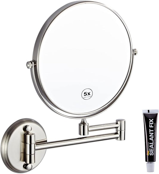 8" Double Sided Magnifying Wall Makeup Mirror, Bathroom 5X Wall Mounted Shower Mirror, 360 Swivel Extendable Arm Cosmetic Mirror, Brass Material Brushed Nickel Finish
