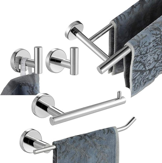 JQK Bathroom Hardware Towel Bar Set, 5-Piece Bath Accessories Set Polished Chrome Wall Mount Includes 24 in Towel Bar, 9 in HT Bar, TP Holder, Towel Hook x 2, BAS105-CH