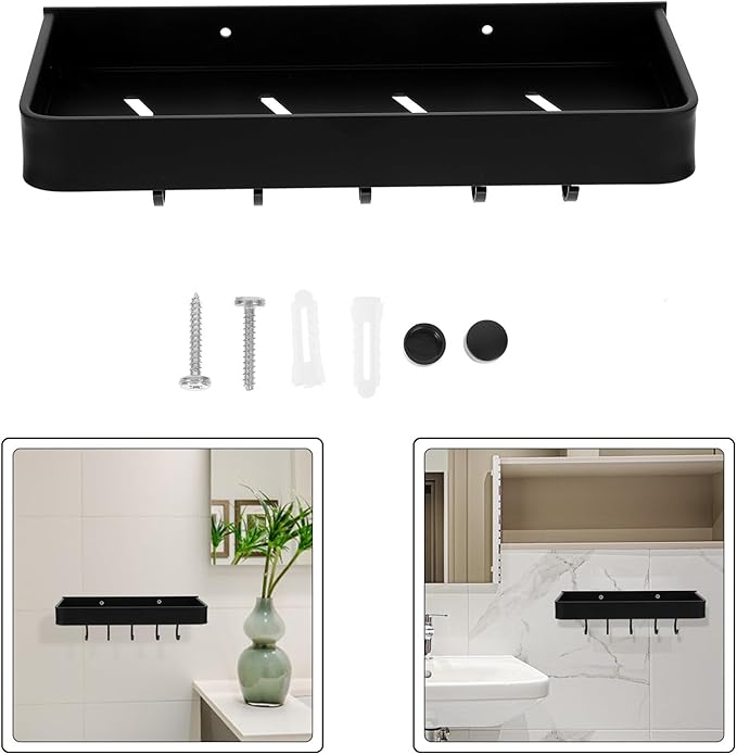 Aluminum Wall-Mounted Bathroom Shelf with Hooks, 30cm Black Floating Storage Rack, No Drilling Bathroom Organizer for Home and Toilet Wall Holder