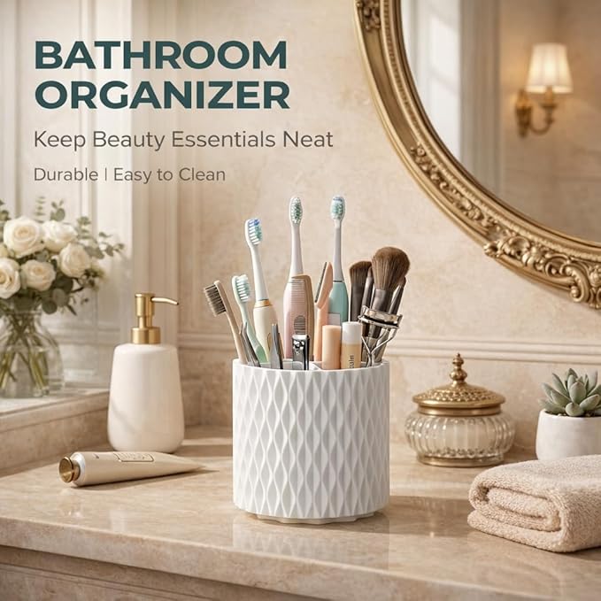Makeup Brush Holder with Lid, 360?? Rotating Dustproof 5-Slot Cosmetic Organizer for Vanity Countertop, Spinning Brush Caddy with Cover for Lipstick, Hair Brush & Art Supply, White