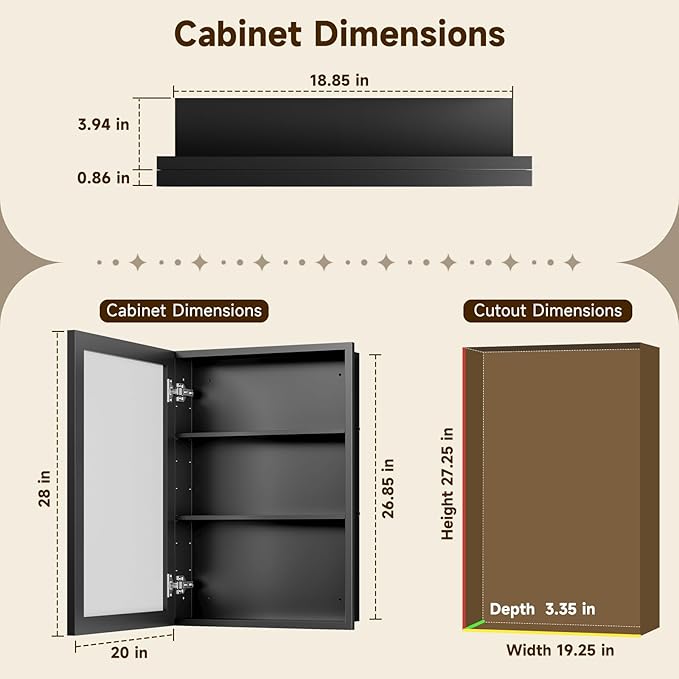 20“ x 28”Black Medicine Cabinets for Bathroom with Mirror, Aluminum Alloy Framed Mirror＆Tempered Glass Design, Recessed or Surface Wall-Mounted Metal Bathroom Vanity Mirror with Storage Cabinet
