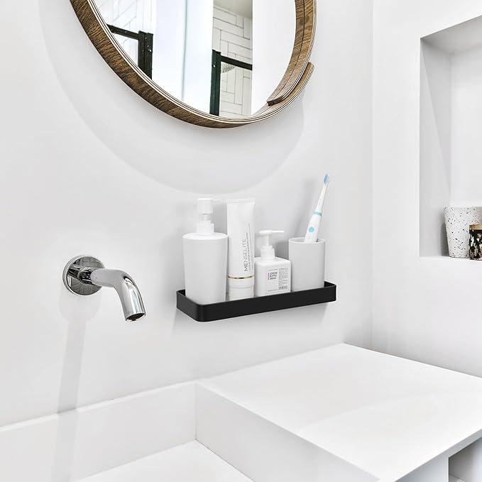 Z metnal Small Glass Bathroom Shelves, Matte Black Floating Shelf, Mini Wall Shelf Organizer, Wall Mounted (Clear Glass, 10 inch/25cm), 1 pcs