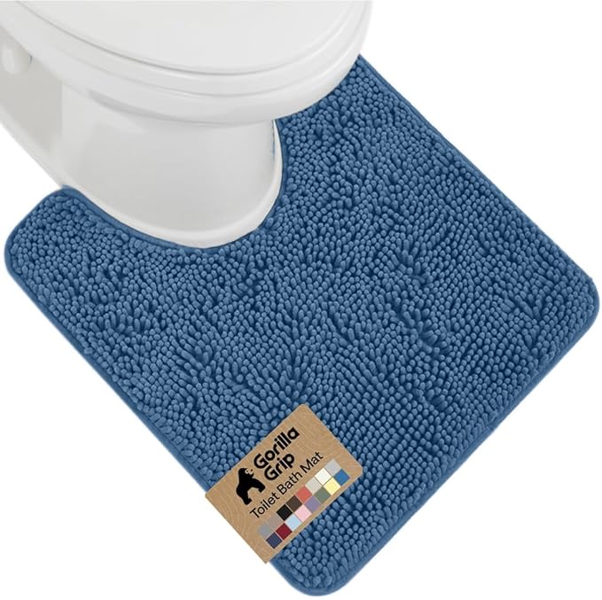 GORILLA GRIP Plush Absorbent Shaggy Chenille Bath Rug Mat for Oval Toilet Base with Rubber Backing, Machine Washable Rugs, Soft Microfiber Contour Mats for Toilets, Quick Dry, Bathroom Decor, Blue