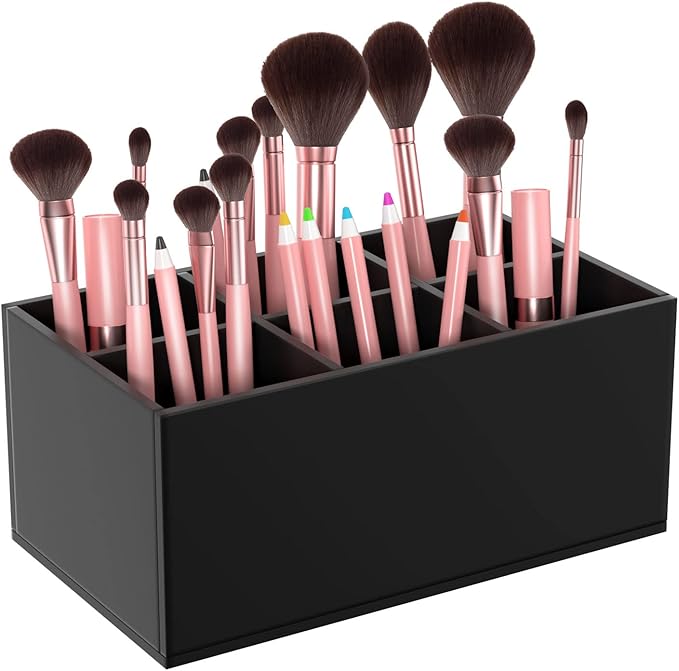 HIIMIEI Black Makeup Brush Holder Organizer Acrylic 6-Slots Cosmetic Brushes Storage Organizer for Vanity Countertop