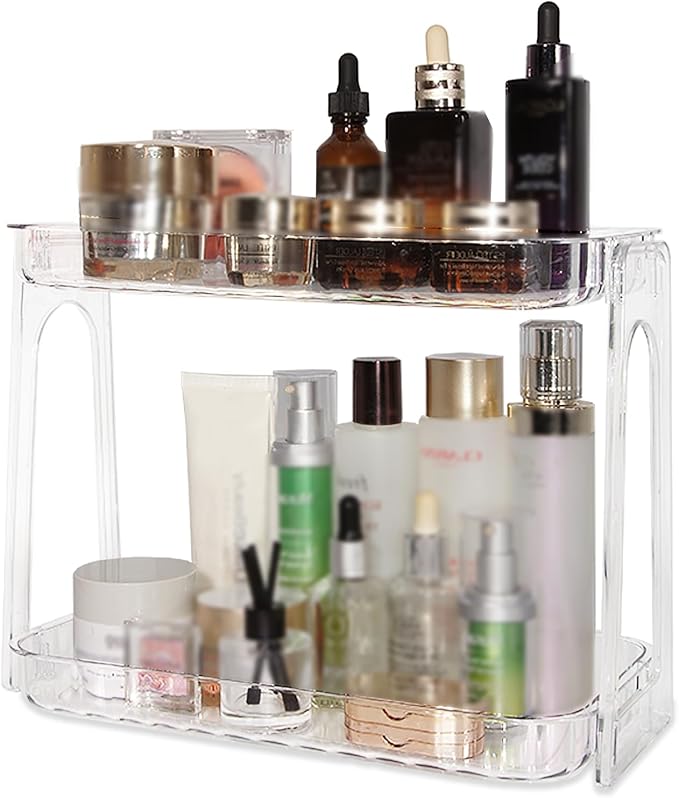 VNIMTI Skincare Organizers 2 Tier, Makeup Organizer Countertop, Cosmetic Display Cases, Makeup???Skincare Organizer for Vanity, Desktop, Bathroon, Ideal for Women (Free Standing - Clear)