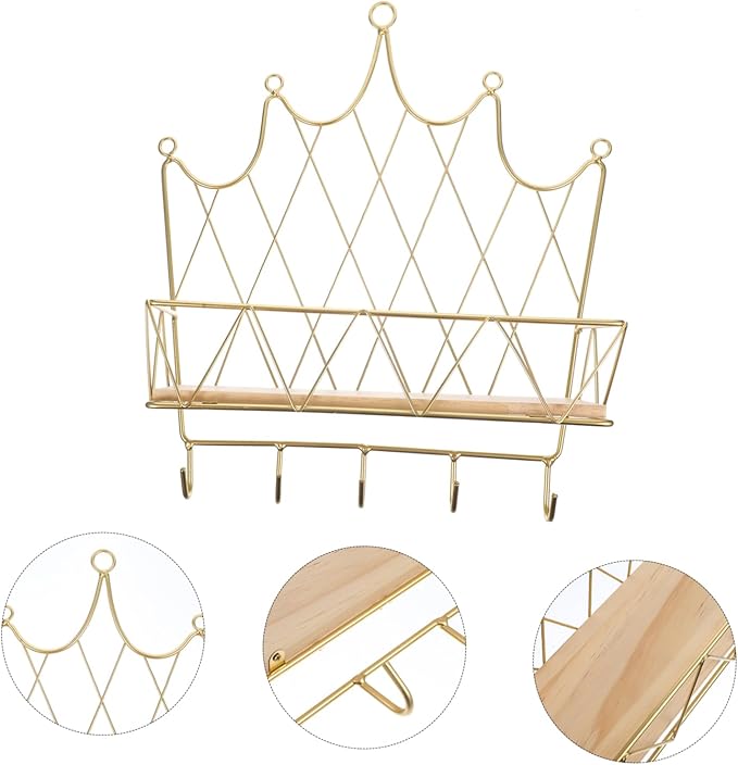 ULTECHNOVO Crown Shaped Wall Hook Storage Rack Iron Decorative Shelf for Bathroom Living Room Bedroom Wall Art Organizer with Hooks Stylish Home Decor
