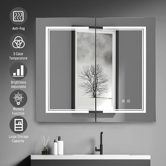 Karl home 2-Doors 32"x28" LED Medicine Cabinet for Bathroom, 3-Color Wall Mounted Dimmable Bathroom Cabinet with 3-Tiers Storage Shelves, Anti-Fog, USB Charge, Black