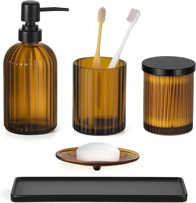 Shinowa Glass Bathroom Accessories Set, 5 Piece Luxury Bathroom Set with Soap Dispenser, Toothbrush Holder, Qtip Holder with Lid, Soap Dish & Tray, Modern Vanity Countertop Organizer, Brown + Black
