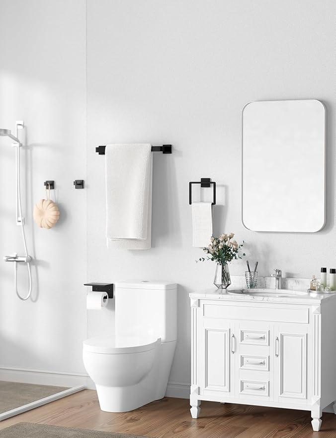 5-Pieces Matte Black Bathroom Accessories Set, SUS 304 Stainless Steel Bathroom Hardware Set, 16 Inch Towel Bar Set, Towel Holder Towel Racks for Bathroom Wall Mounted