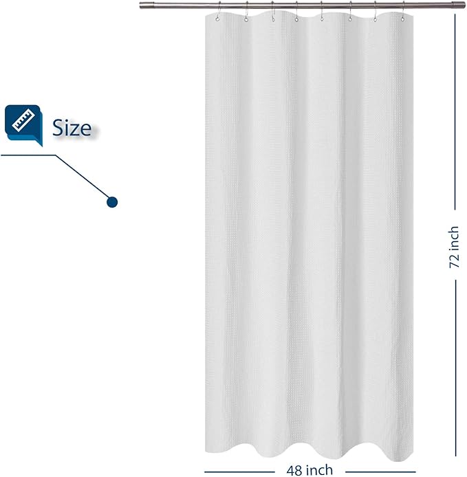 Barossa Design Stall Shower Curtain Fabric 48 x 72 inch, Waffle Weave, Hotel Luxury Spa, 230 GSM Heavy Duty, Water Repellent, Machine Washable, White Pique Pattern Decorative Bathroom Curtain