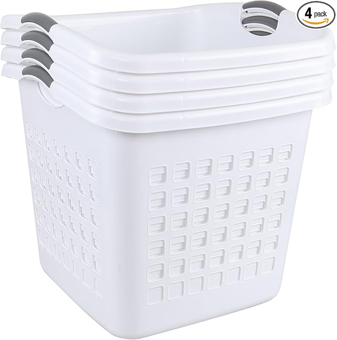 2 Bushel /73 L White Laundry Basket Plastic, 4 Pack Laundry Hamper with Cutout Handles, Large Dirty Clothes Basket
