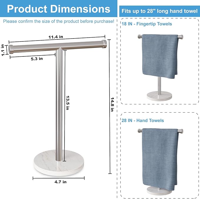 Hand Towel Holder, T-Shape Freestanding Towel Stand with Heavy Marble Base, Stainless Steel Hand Towel Rack for Bathroom Vanity, Kitchen Countertop, Brushed Nickel
