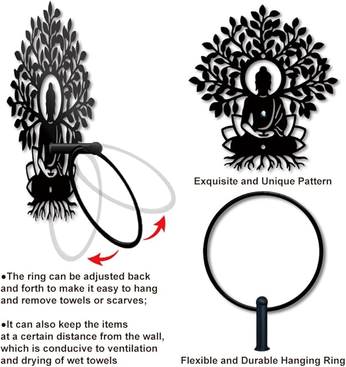 MAYJOYDIY Buddha Metal Towel Ring Tree of Life Towel Holder Lotus Buddha Meditation Towel Ring Rack Wall Mounted Black Art Towel Rack for Bathroom Kitchen Towel Hanger Home Decors Gift