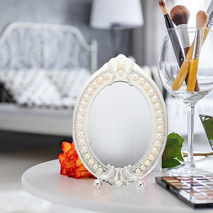 Hemoton Vintage Makeup Mirror with Retro Pearl Frame Desktop Vanity Mirror for Dressing Table High Definition Cosmetic with Stable Stand Elegant Room Decor