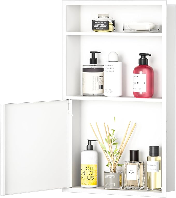 Recessed Medicine Cabinet with Door 24" X 14" White Wall Medicine Cabinets with 3-Tier Shelf 304 Stainless Steel Niche Shower for Bathroom Storage