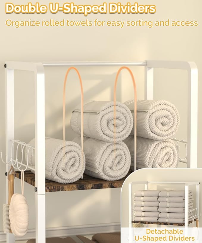 Mondazie Free Standing Towel Racks for Bathroom with U-Shaped Detachable Dividers, 3-Tier Floor Towels Holder Stand with Shelf & 8 S-Hooks, Metal Pool Towel Storage Organizer for Home, Poolside, White