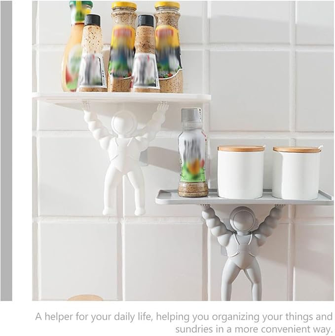 BESPORTBLE Nail-Free Wall-Mounted Rack Storage Shelves for Bathroom Cosmetics and Sundries Organizer, 2pcs Set White Gray, Space Astronaut Decorative Multi-Use Hanging Shelf for Home Wall