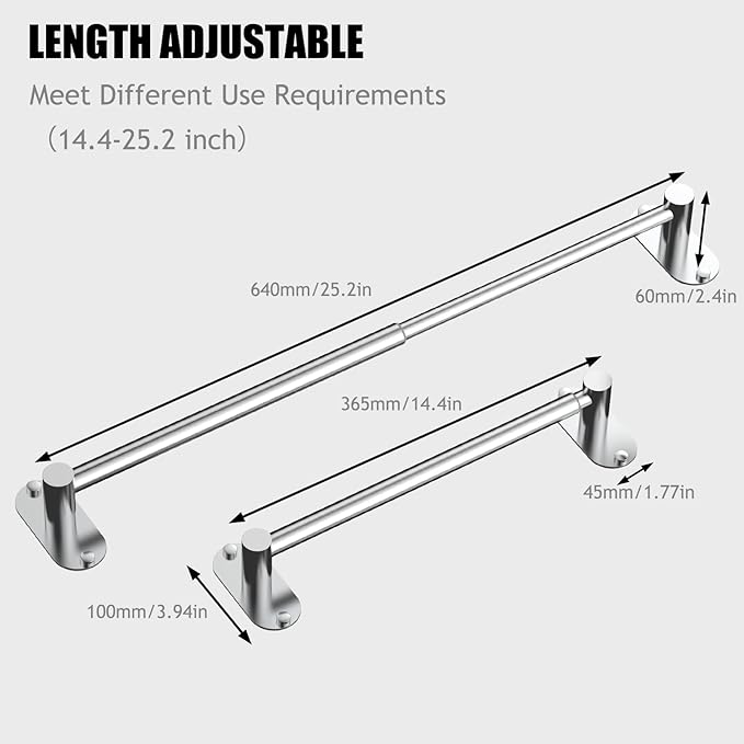 Towel Bar, Adjustable 14.4inch - 25.2inch Towel Rack, Self Adhesive Wall Mounted for Bathroom Kitchen Hand Towel Holder Cloths Hanger 304 Stainless Steel Organizer Single Bar (1, Chrome)