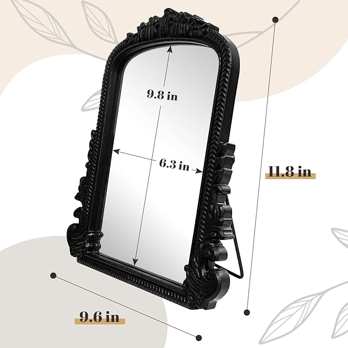 Vintage Vanity Makeup Mirror, Black Arched Tabletop Mirror for Makeup and Room Decor, Antique Decorative Standing Mirror with Carved Frame, Desk Mirror for Bedroom, Living Room, Dresser 11.8"x9.6"