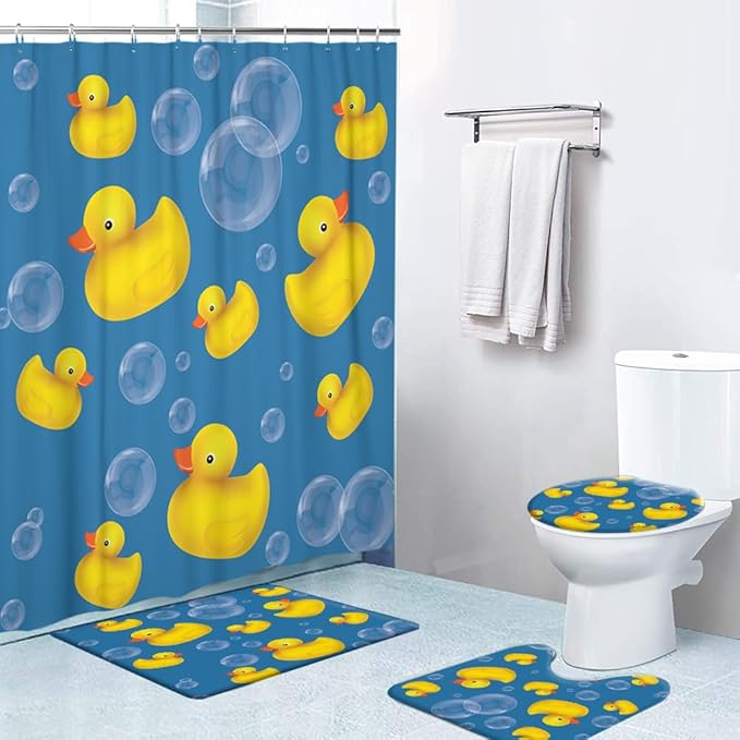 Ansouyi 4Pcs Bathroom Shower Curtain Sets with Non-Slip Rugs, Toilet Lid Cover and Bath Mat, Soap Bubbles Ducks on Blue Durable Waterproof Shower Curtain for Bathroom Set, 72x72 Inch