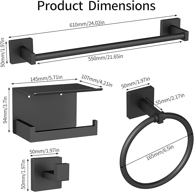 Bathroom Hardware Accessories Set 4-Pieces, Towel Racks for Bathroom Wall Mounted, Stainless Steel 24Inch Black Towel Bar Set, Round Towel Ring, Towel Hook, Toilet Paper Holder with Shelf