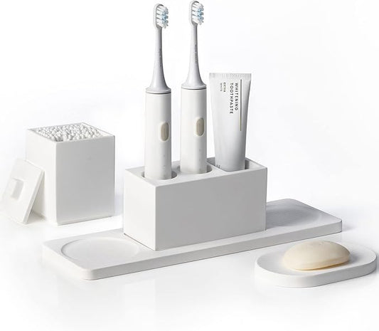 Ceramic Toothbrush Holders for Bathrooms, White Bathroom Accessories Diatomite, Electric Toothbrush Holder Countertop with Toothbrush Holders, Soap Dish Set