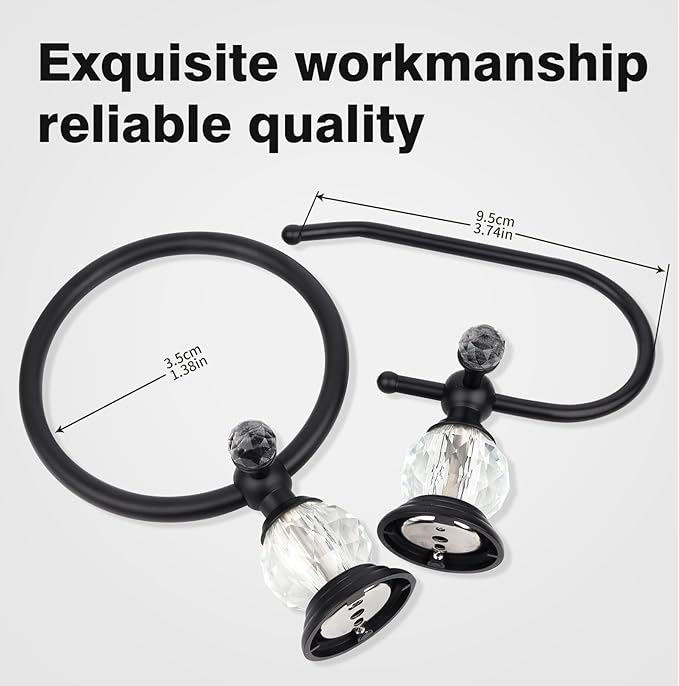 2 Pieces Sets Black Crystal Series Toilet Paper Holder Wall Mouted Towel Ring, Gold Round Hand Towel Rack Decorative for Bathrooms