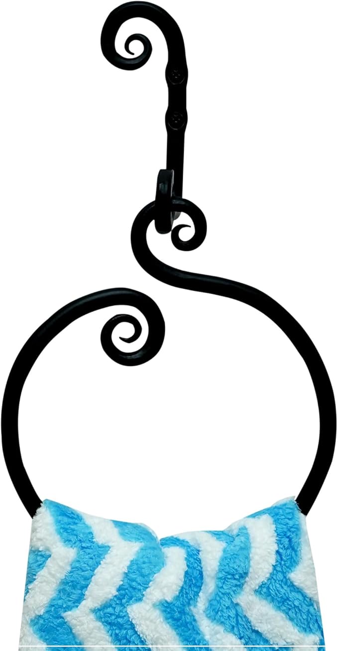 The Metal Magician Round Hand Towel Holder for Bathroom Wall - Kitchen Towel Ring - Aesthetic Design & Heavy Duty Durability - (Ornamental Curve) - (Black)