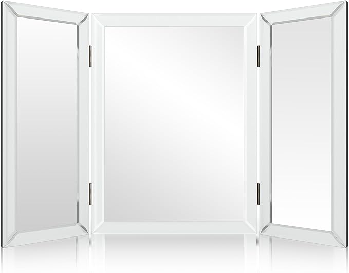 Houseables Trifold Mirror, Trifold Vanity Mirror, 3 Way, Three Way Folding, Tri Fold, for Braiding Hair, 3way, 3 Sided, Three Panel, Triple, Tabletop, Wall, Bathroom, Bedroom, Makeup, 360, 28 x 40 in