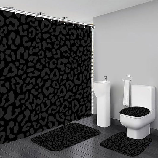 4 PCS Leopard Shower Curtain Cheetah Print Shower Curtain Sets Non Slip Bathroom Rugs Soft Plush Bath Mat Toilet Lid Cover Animal Print Shower Curtain with 12 Hooks for Bathroom Tub, Black