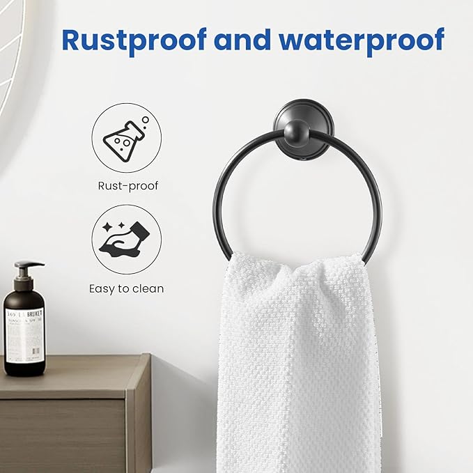 sagetta Matte Black Bathroom Hand Towel Holder Towel Ring 5.55-Inch Bath Towel Ring Diameter Wall Mount