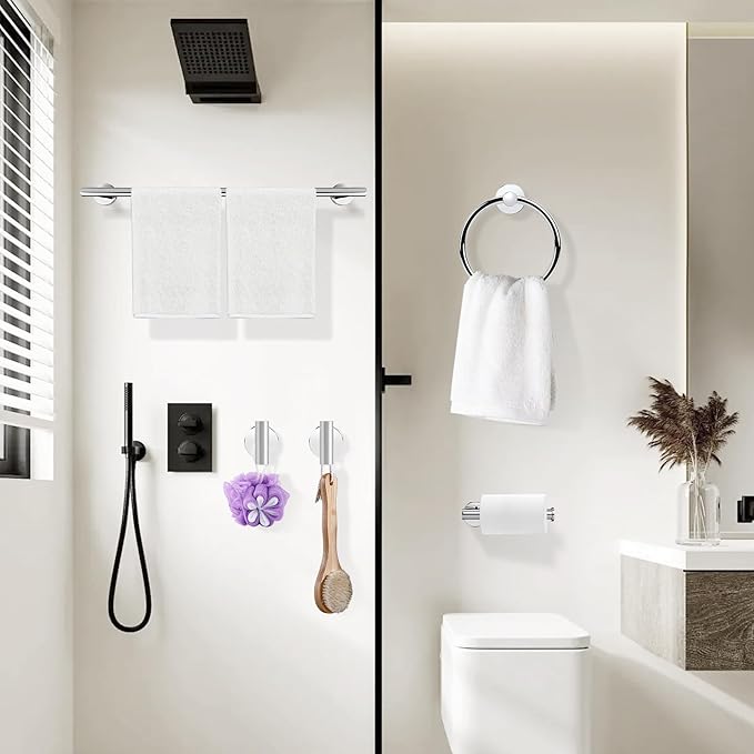 Polished Chrome Bathroom Hardware Accessories Set 5 Piece, Stainless Steel Bath Towel Bar Set 24 Inch,Toilet Paper Holder,Towel Ring Holder,Towel Rack Set,Gold Bathroom Accessories Kit Silver