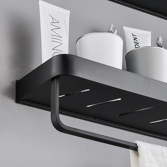 Bathroom Shelves Wall Mounted, Floating Shelf with Towel Bar, 2 Tier Bathroom Wall Organizer(Black)