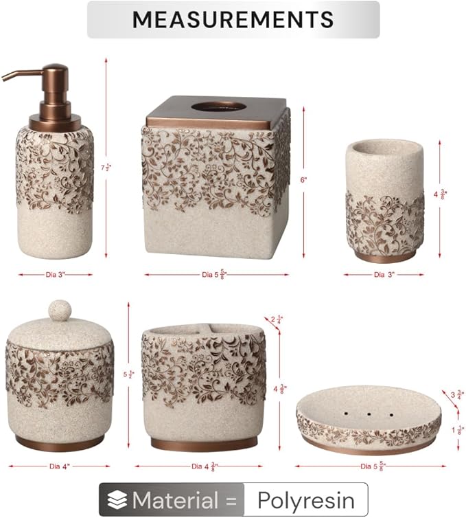 Decozen Bathroom Accessories 6Pcs Set, Soap Dispenser, Toothbrush Holders, Tumbler, Soap Dish & Cotton Swab Jar – Modern Bathroom Decor, Modern Farmhouse Decor, Countertop Accessories, Beige