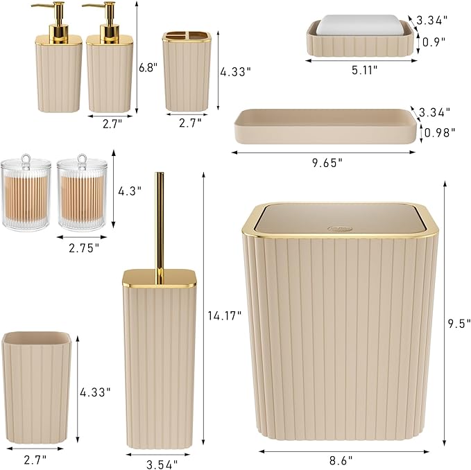 XLHOMO Bathroom Accessories Set - Gorgeous Bathroom Set, 10PC Beige Bathroom Accessory Set, Toilet Brush, Trash Can & Soap Dispenser