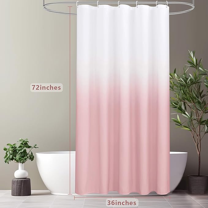AooHome Fabric Small Shower Curtains, Cloth Ombre Pink Shower Curtain Sets, Washable Fabric Pink and White Shower Curtain, Rustic Farmhouse Bathroom Shower Curtains, 36x72 Inches